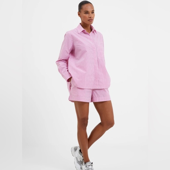 French Connection 100% Pink  White Striped Button Down and Shorts Set Size Large - Picture 1 of 15